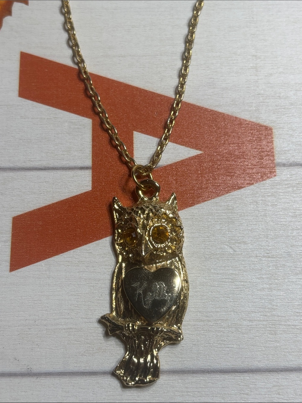 18”Gold Owl Pendant Necklace with Amber Crystal Eyes